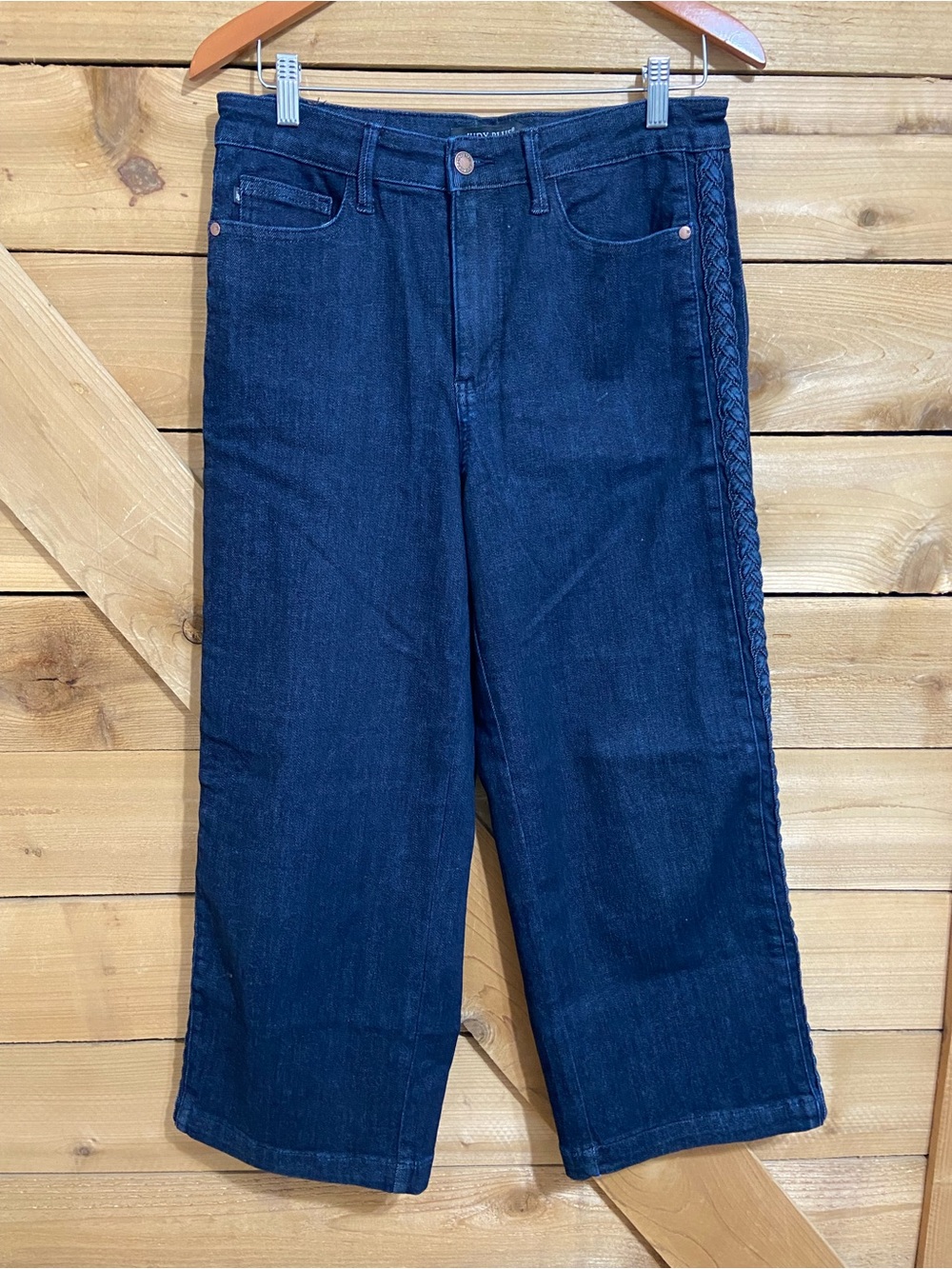 Judy Blue Dark Indigo Relaxed Wide Leg Cropped Jeans with Side Braid